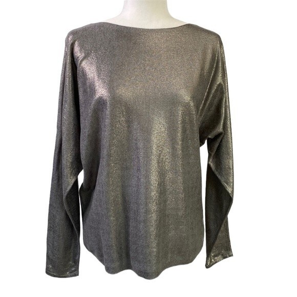 Lauren Ralph Lauren Silver Metallic Sweater Top Dolman Long Sleeve Pull Over - Picture 1 of 16